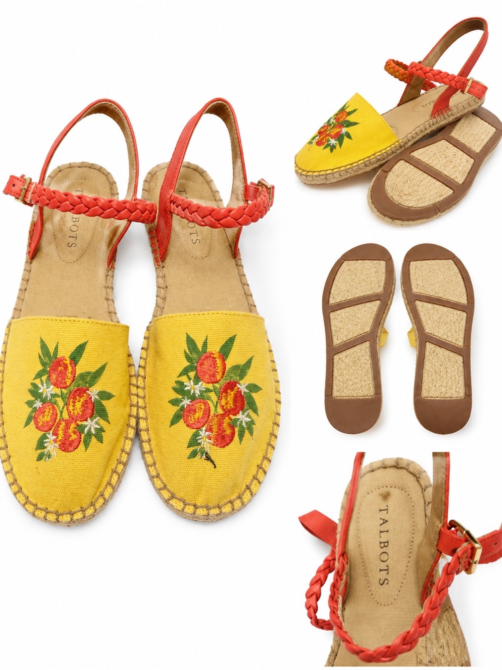 Talbots Yellow Floral Espadrille Sandals with Red Braided Strap